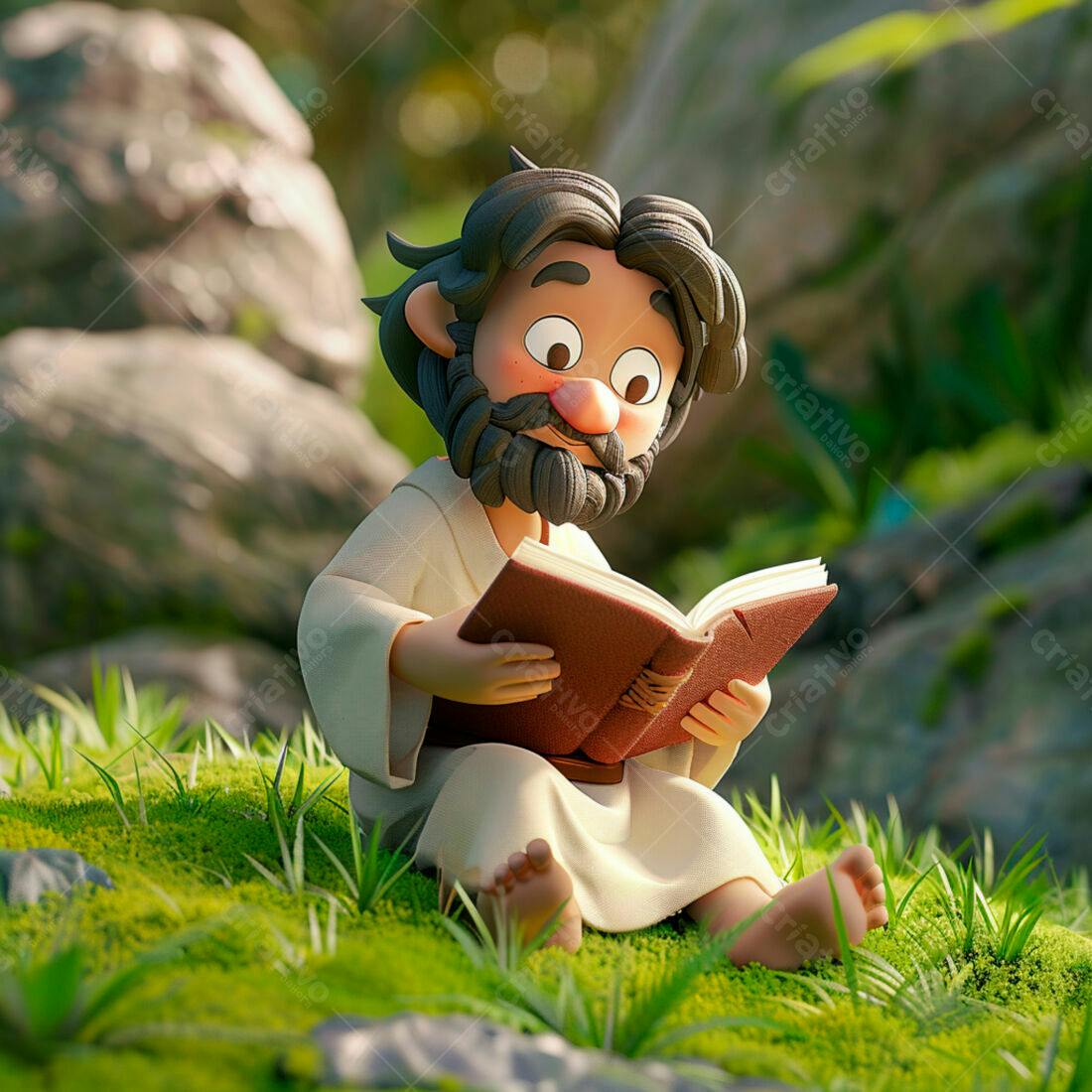 Jesus Cartoon lendo livro na natureza