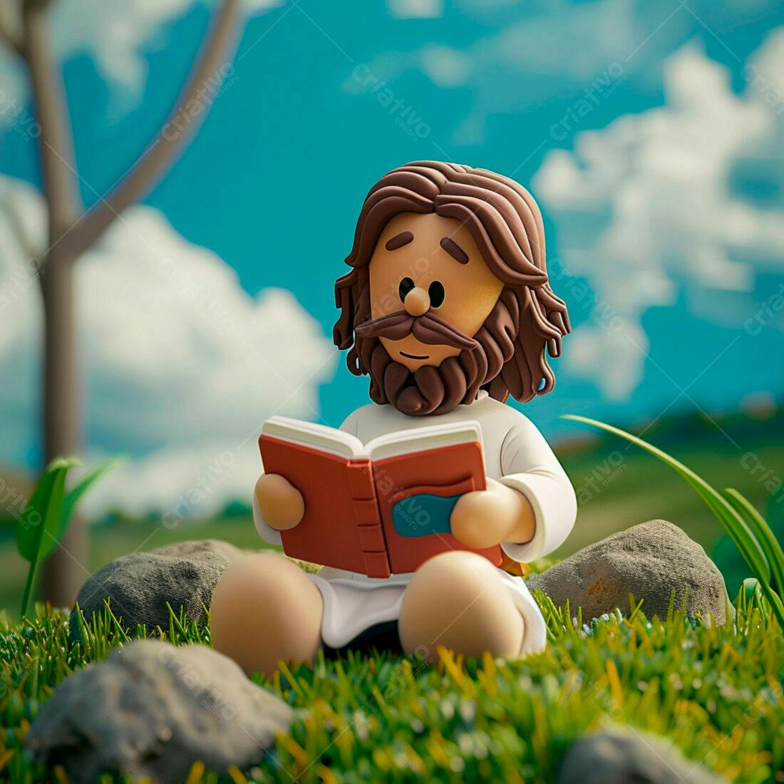 Jesus lendo livro em cenário campestre