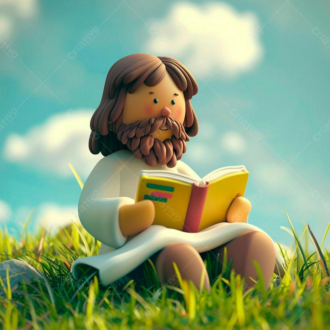 Jesus lendo livro em campo ensolarado