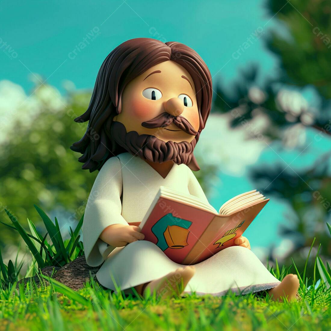 Jesus Cartoon lendo livro na natureza