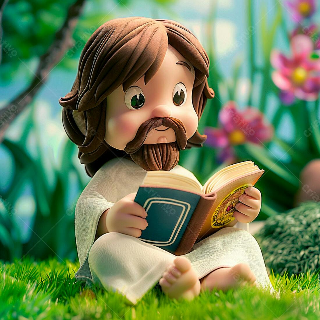 Jesus Criança lendo livro em jardim