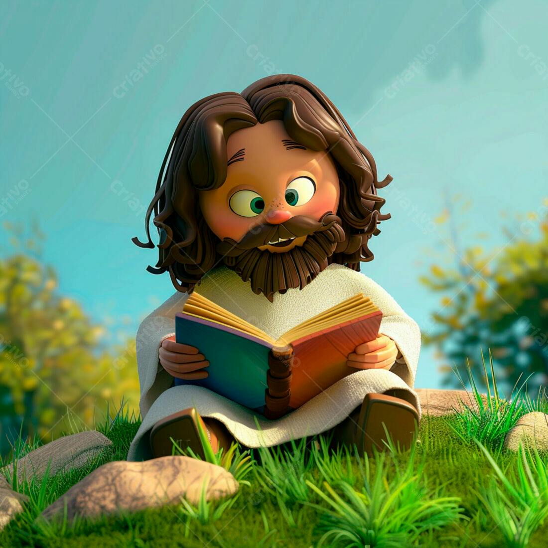 Jesus Cartoon lendo livro na grama