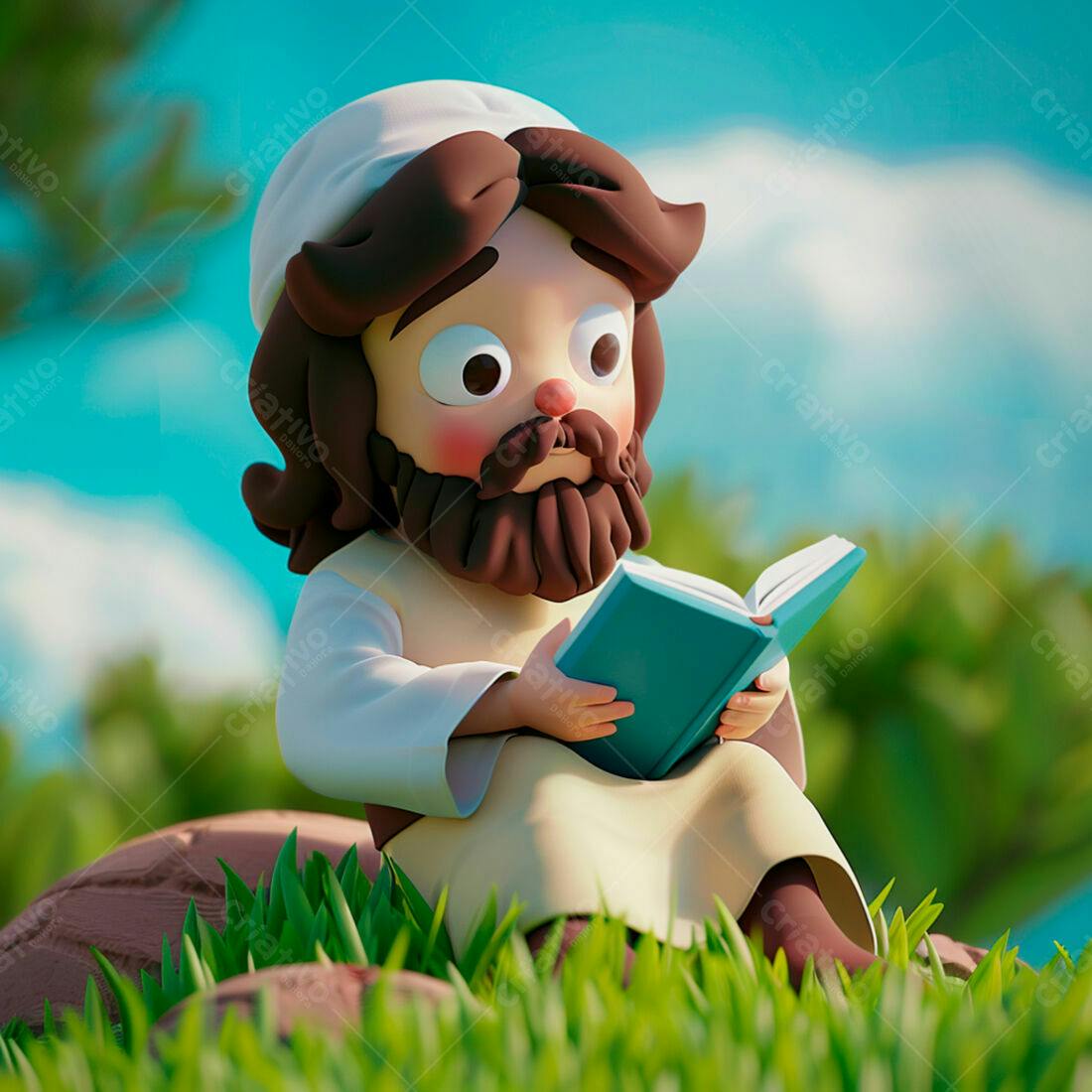 Jesus estilo cartoon lendo livro na grama