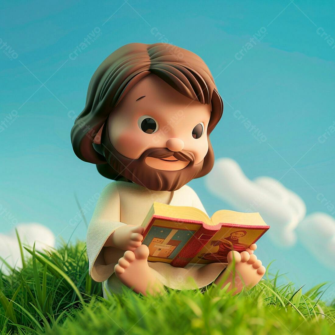 Jesus criança lendo a Bíblia na grama