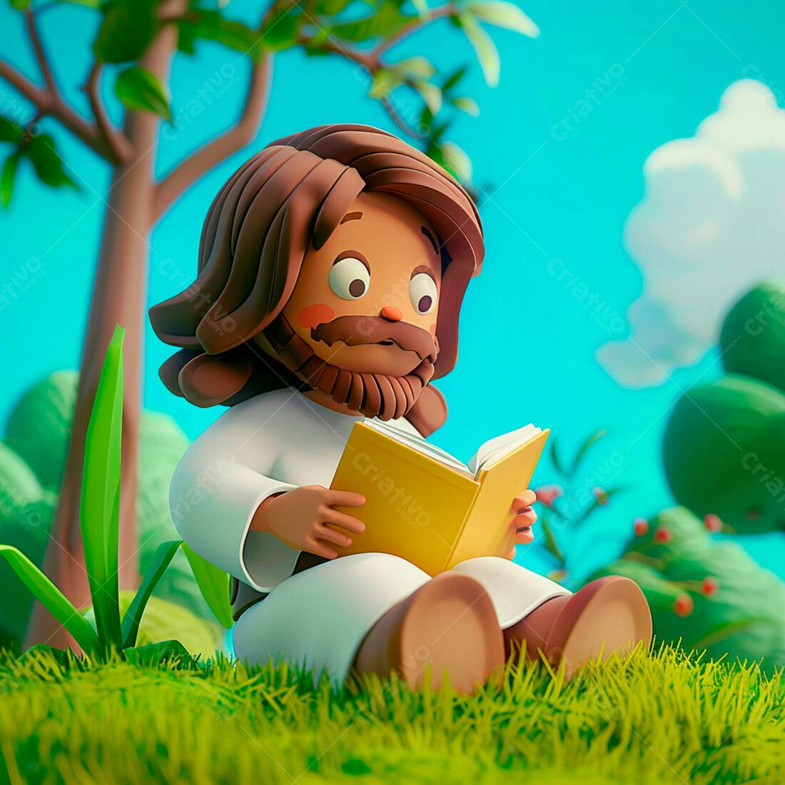 Jesus lendo livro na grama verde