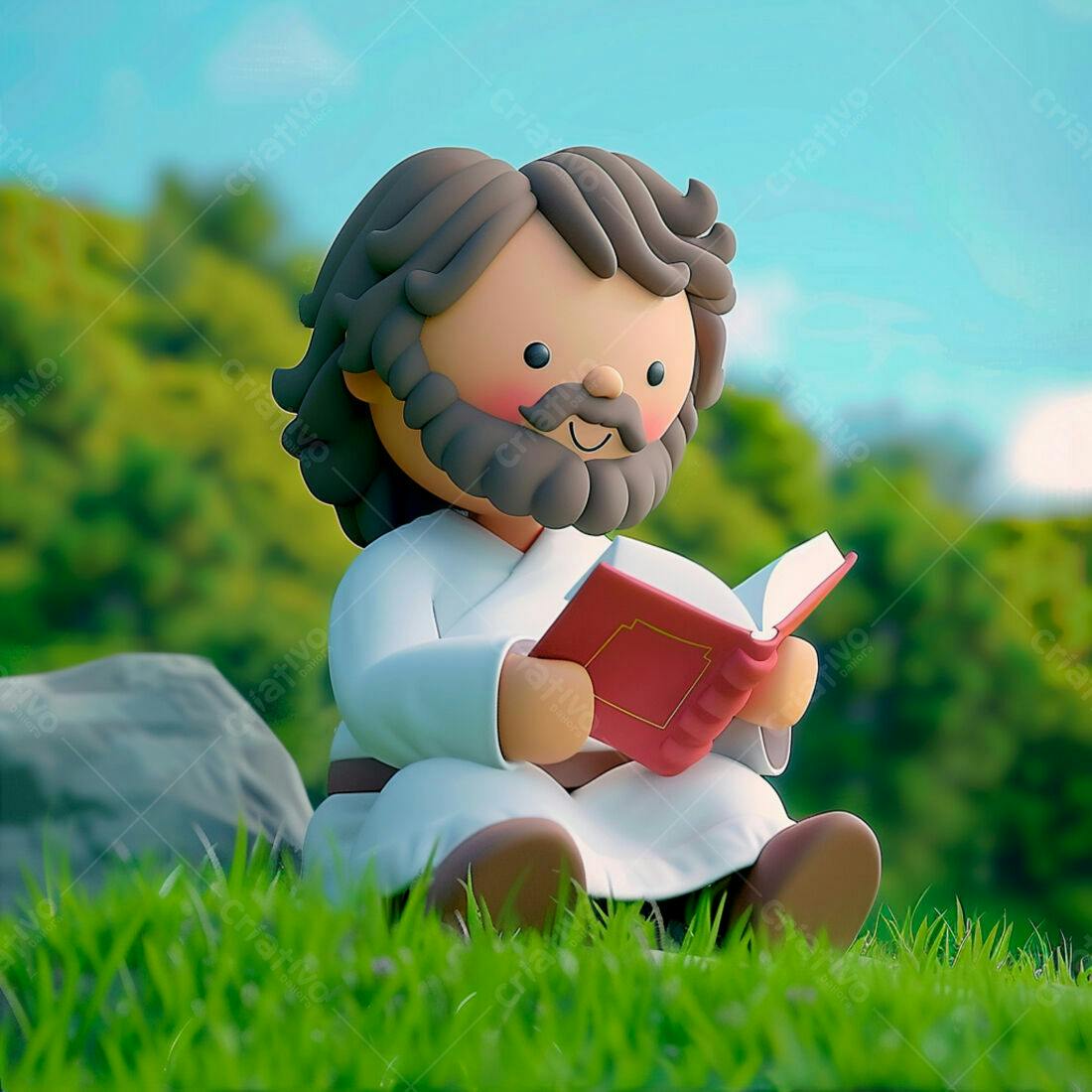 Jesus lendo livro em estilo 3D num jardim