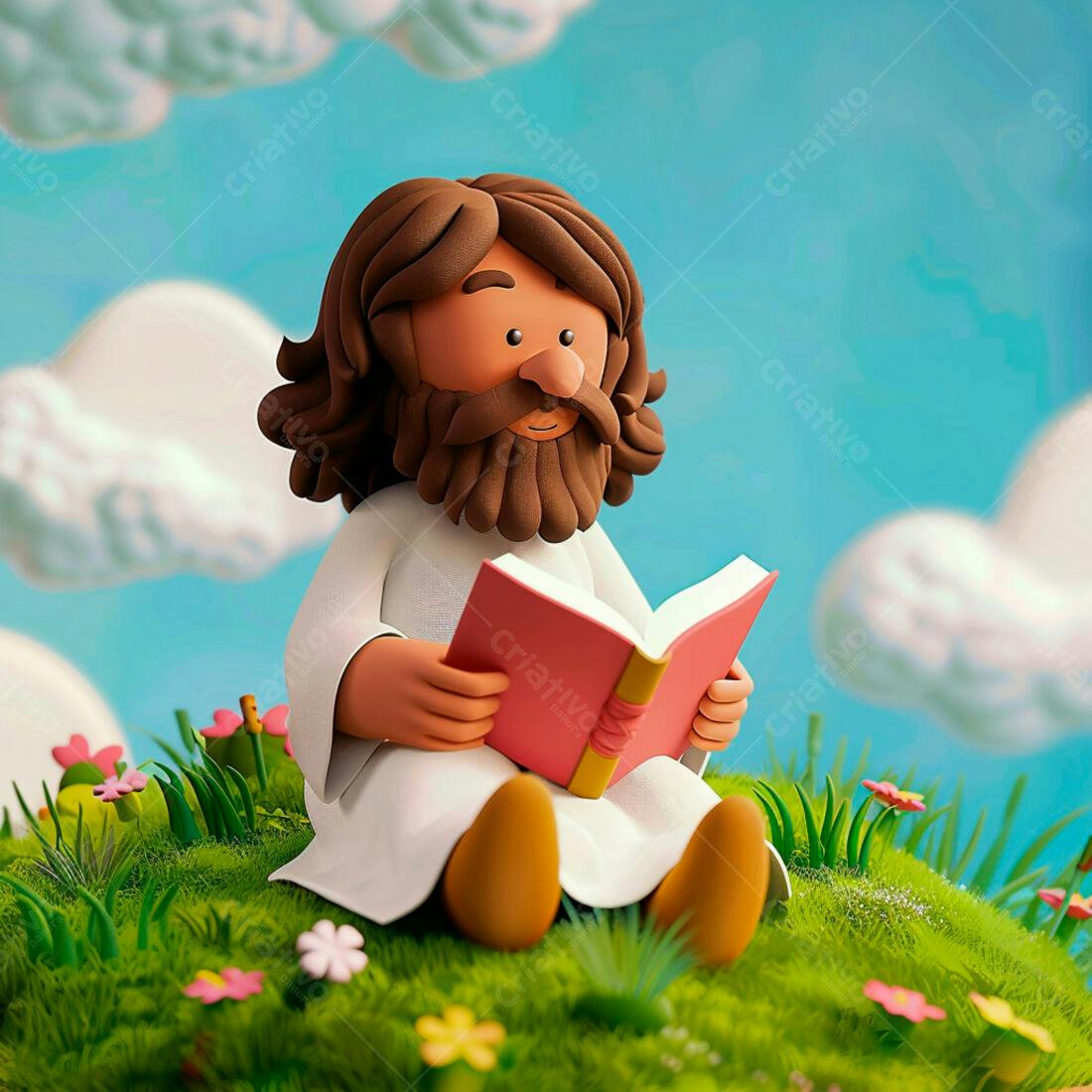 Jesus lendo livro em gramado ensolarado