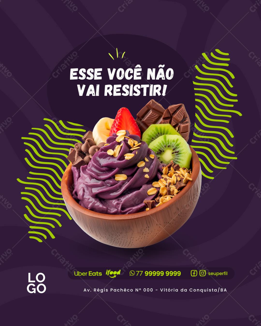Post Instagram Açaí com frutas tropicais Editável no Canva