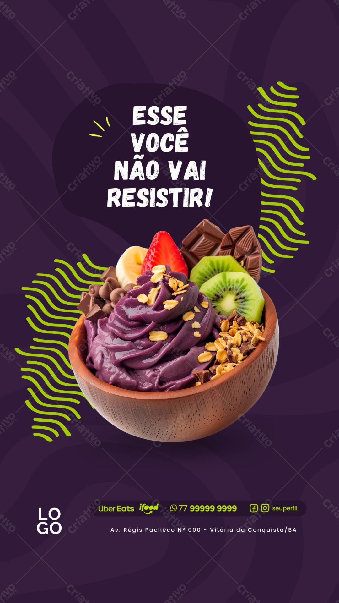 Post Instagram Açaí com frutas tropicais Editável no Canva