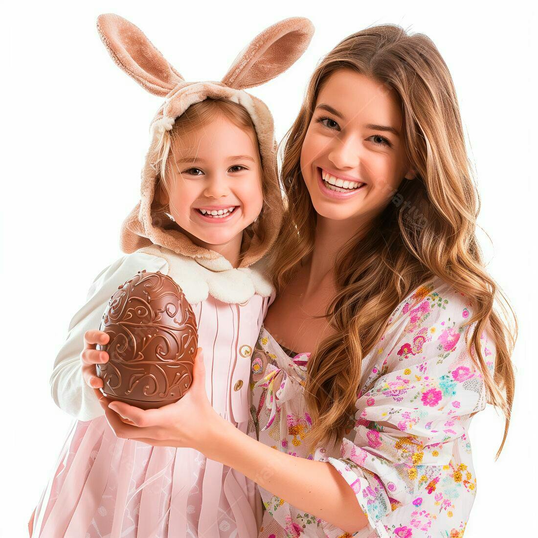 Menina e mãe com ovo de chocolate Páscoa