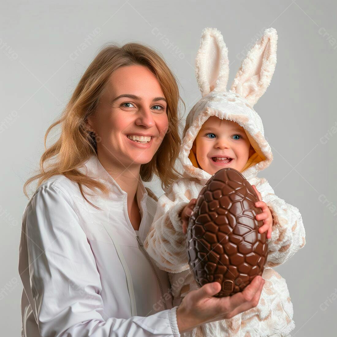 Mãe e Bebê com Ovo de Páscoa de Chocolate