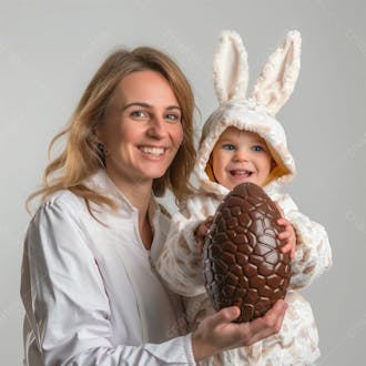 Mãe com sua filha no colo com um grande ovo de páscoa de chocolate nas mãos