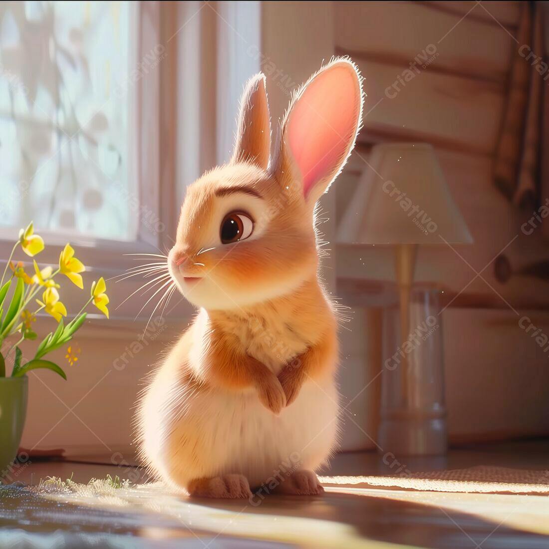 Coelhinho fofo perto de flores amarelas