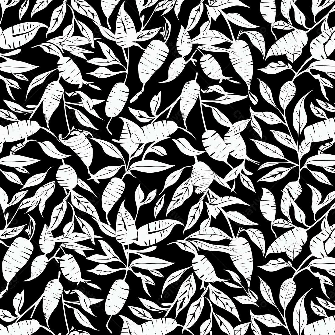 Padrão floral branco e preto folhas e frutos