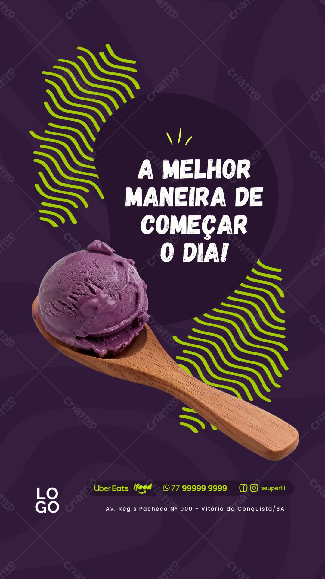 Post Instagram Sorveteria Roxo e Verde Editável no Canva