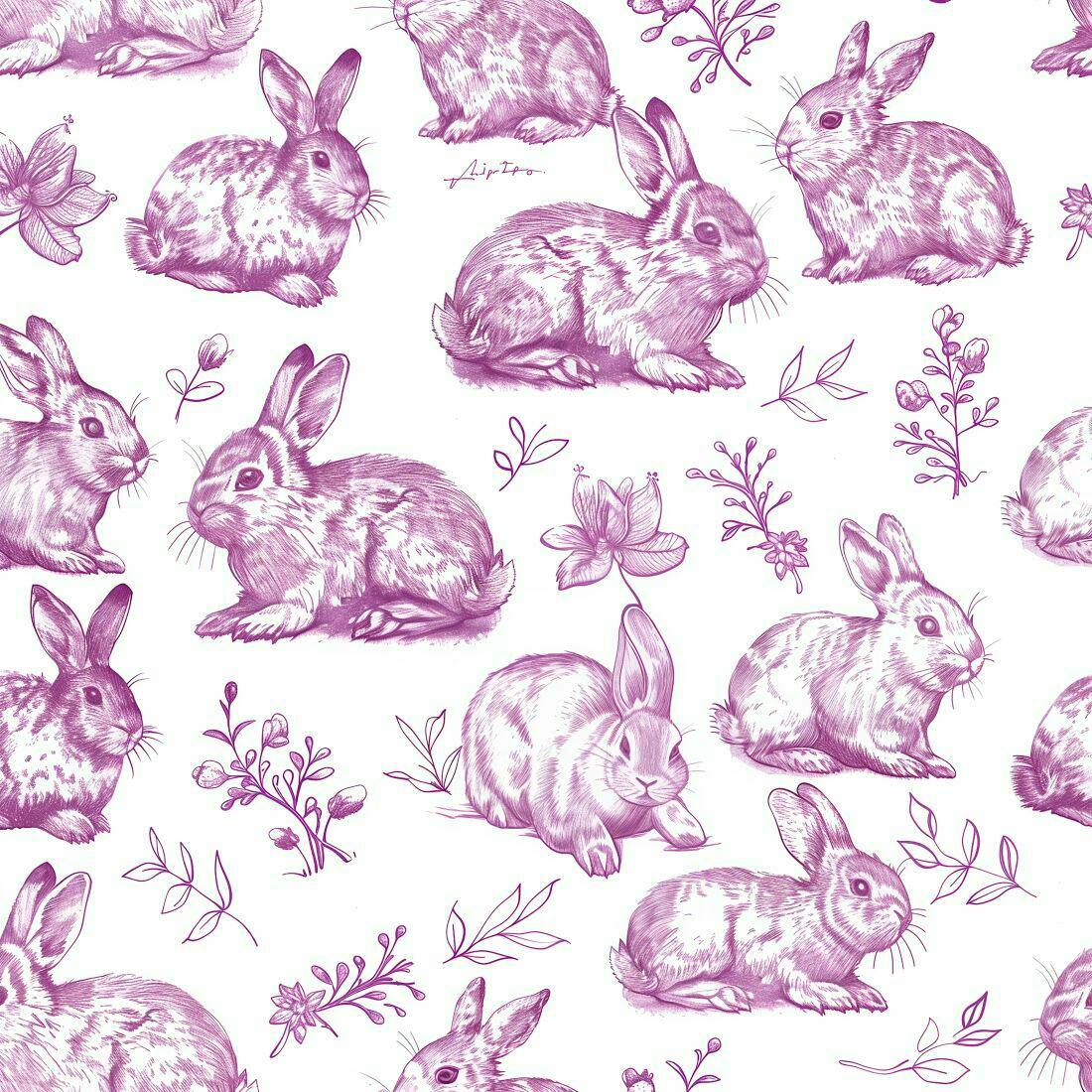 Coelhos e Flores Lilás Padrão