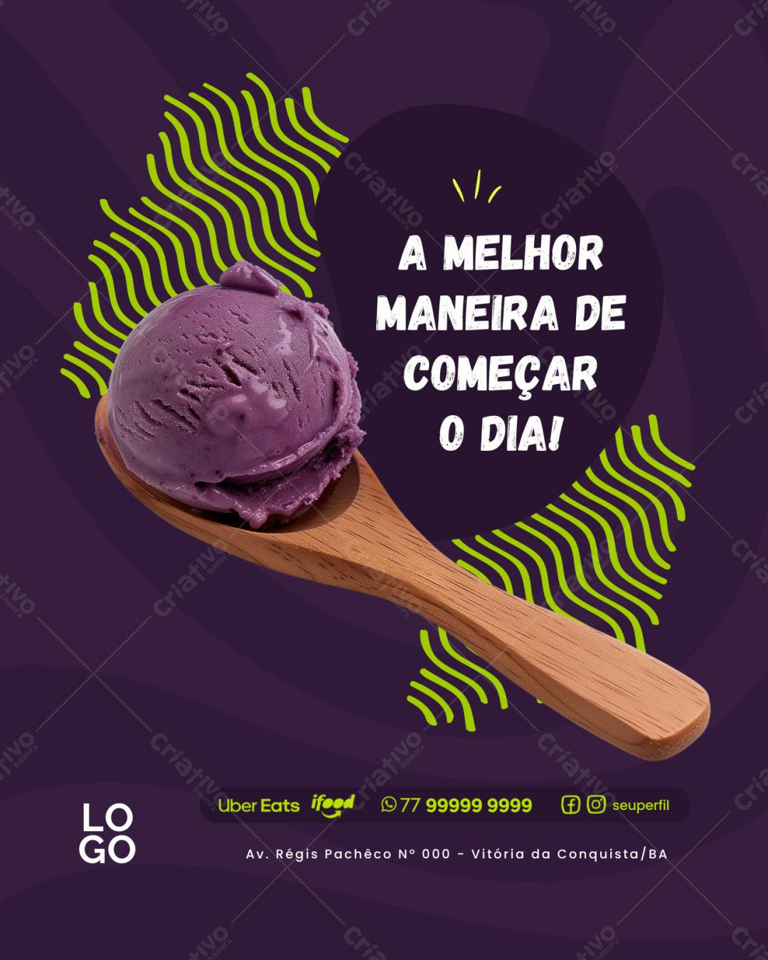 Post Instagram Sorveteria Roxo e Verde Limão Editável no Canva