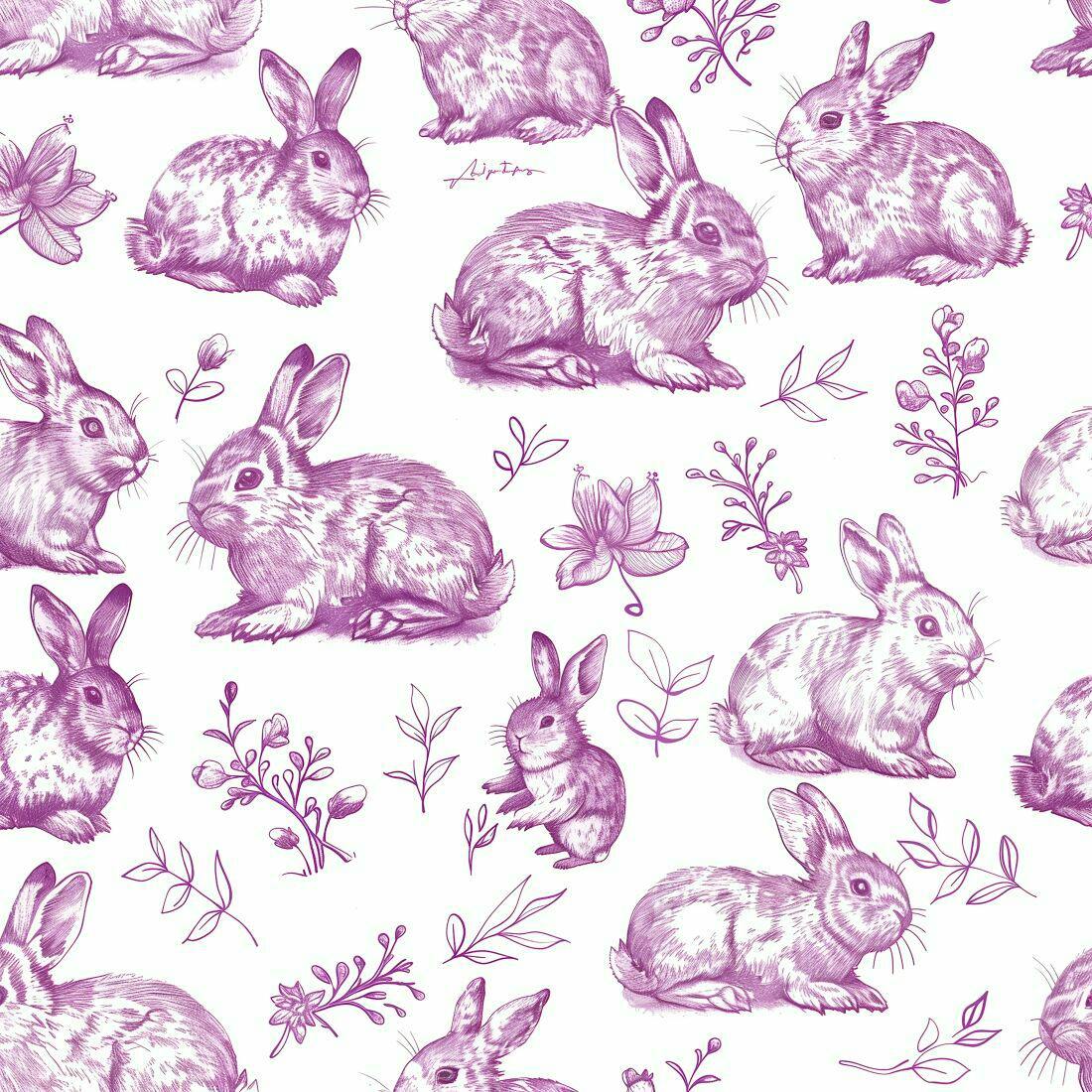 Coelhos e Flores Lilás Padrão