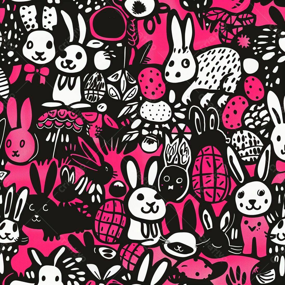 Coelhos e Flores Rosa e Preto Padrão