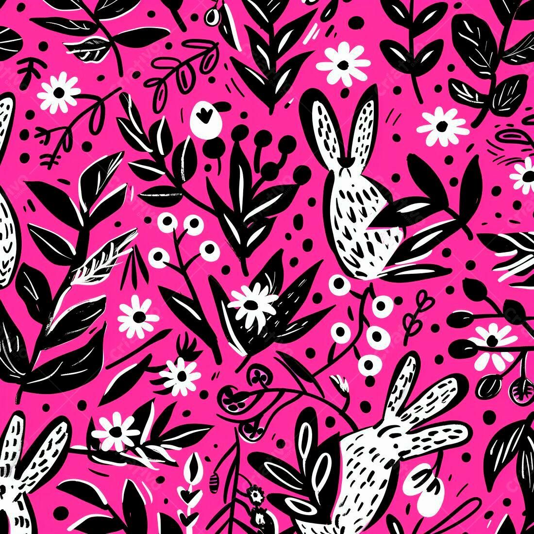 Coelhos e Flores Rosa e Preto Padrão