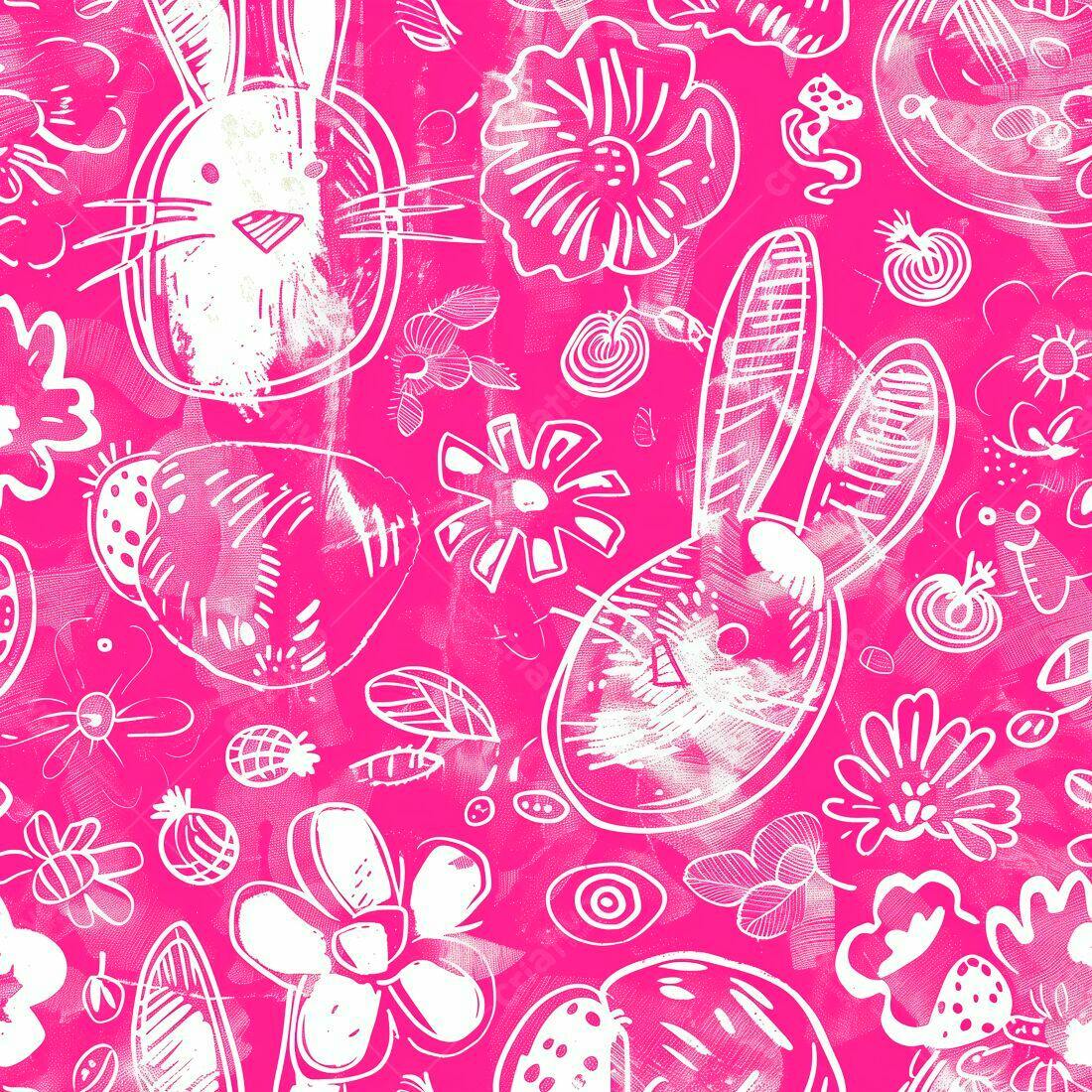 Padrão floral com coelhos em rosa vibrante