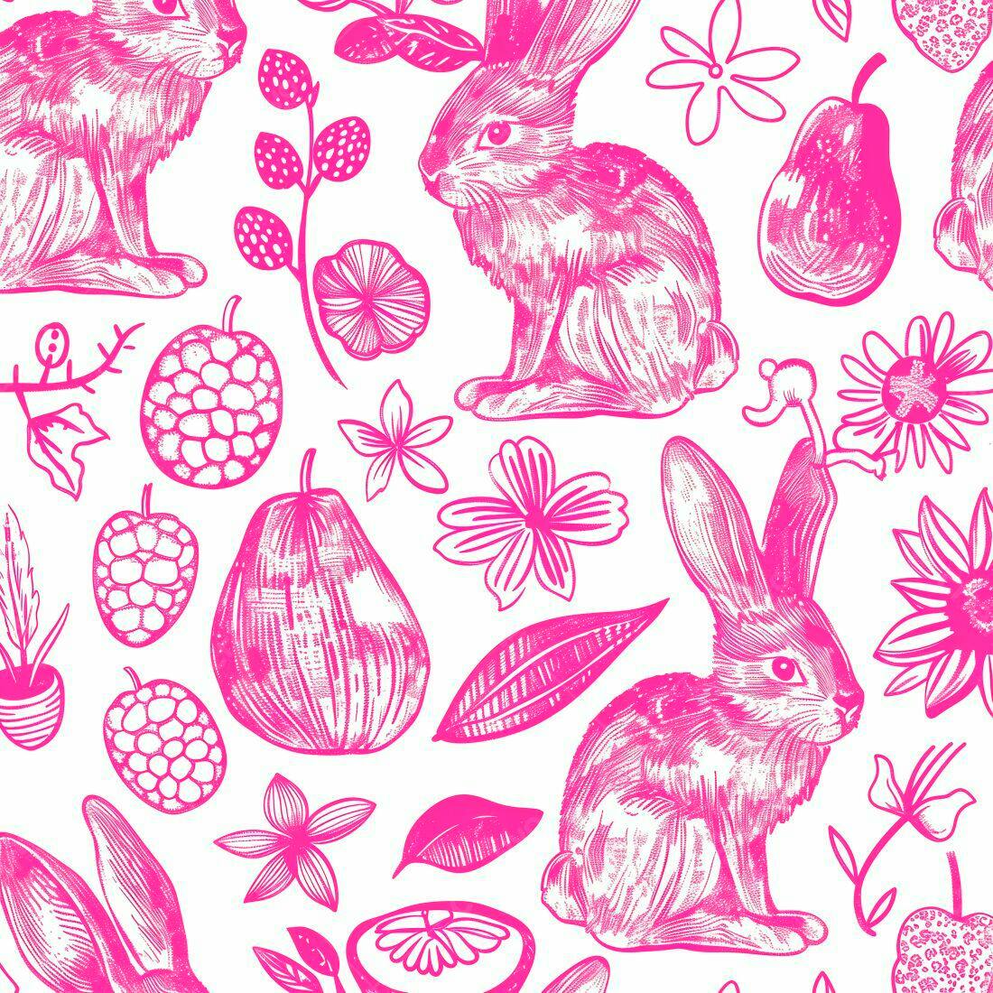 Coelhos e Frutas Rosa Padrão Primavera