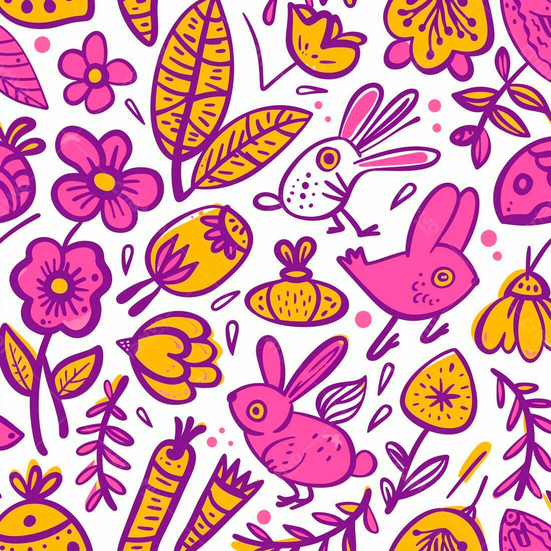 Padrão floral com coelhos e pássaros