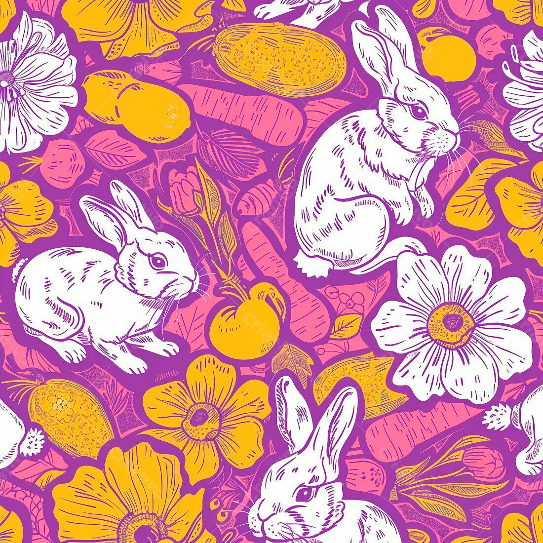 Coelhos e Flores em Padrão Vibrante