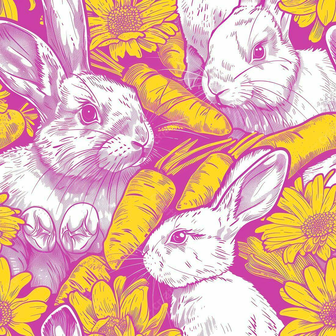 Coelhos brancos com cenouras e flores rosa e amarelo
