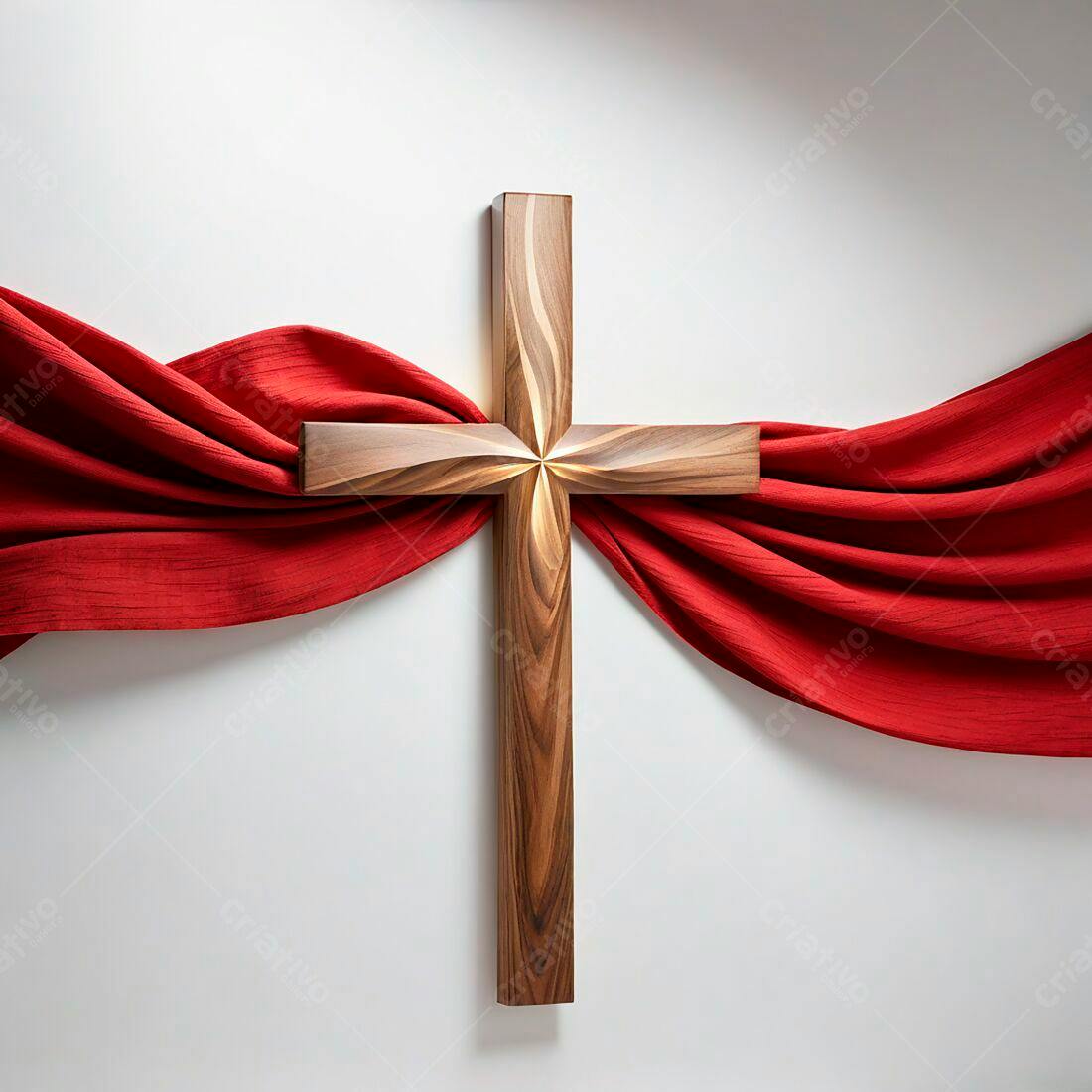 Cruz de madeira marrom com tecido vermelho