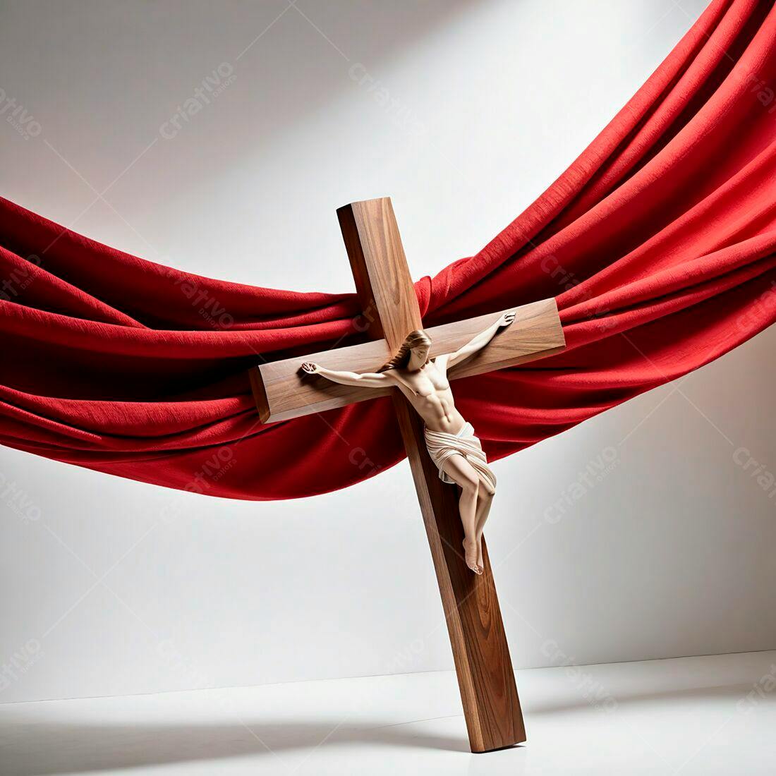 Crucifixo em madeira e tecido vermelho