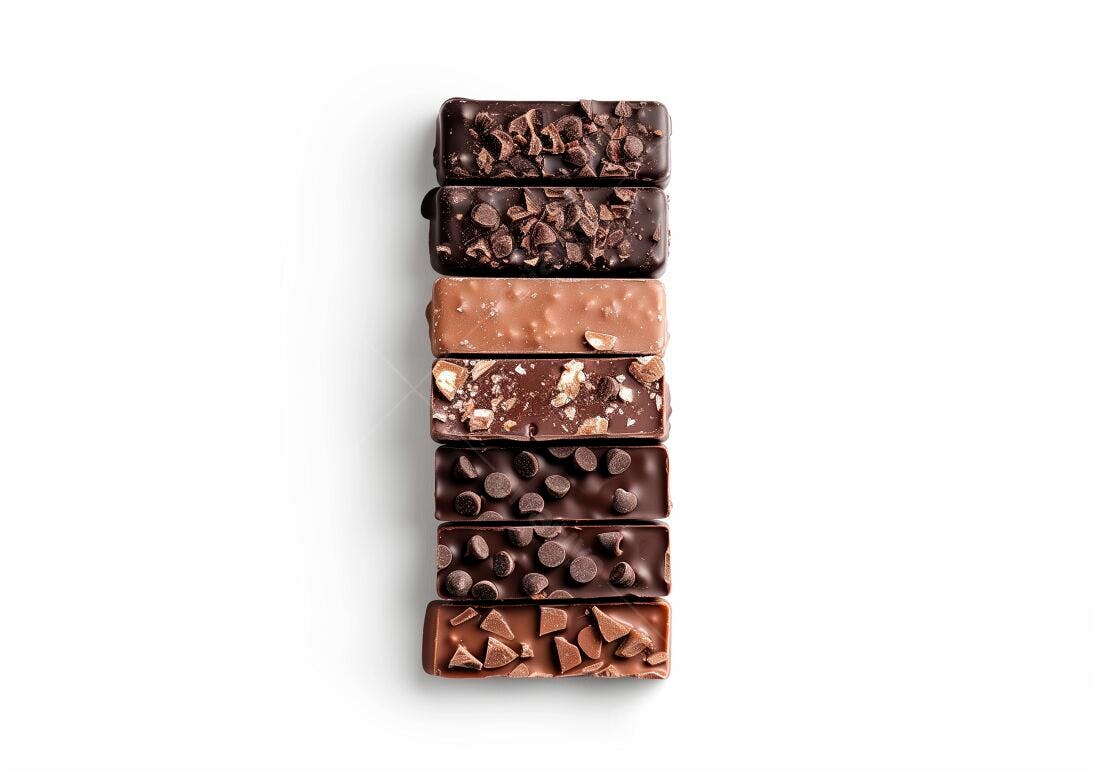 Barras de chocolate variadas com diferentes coberturas