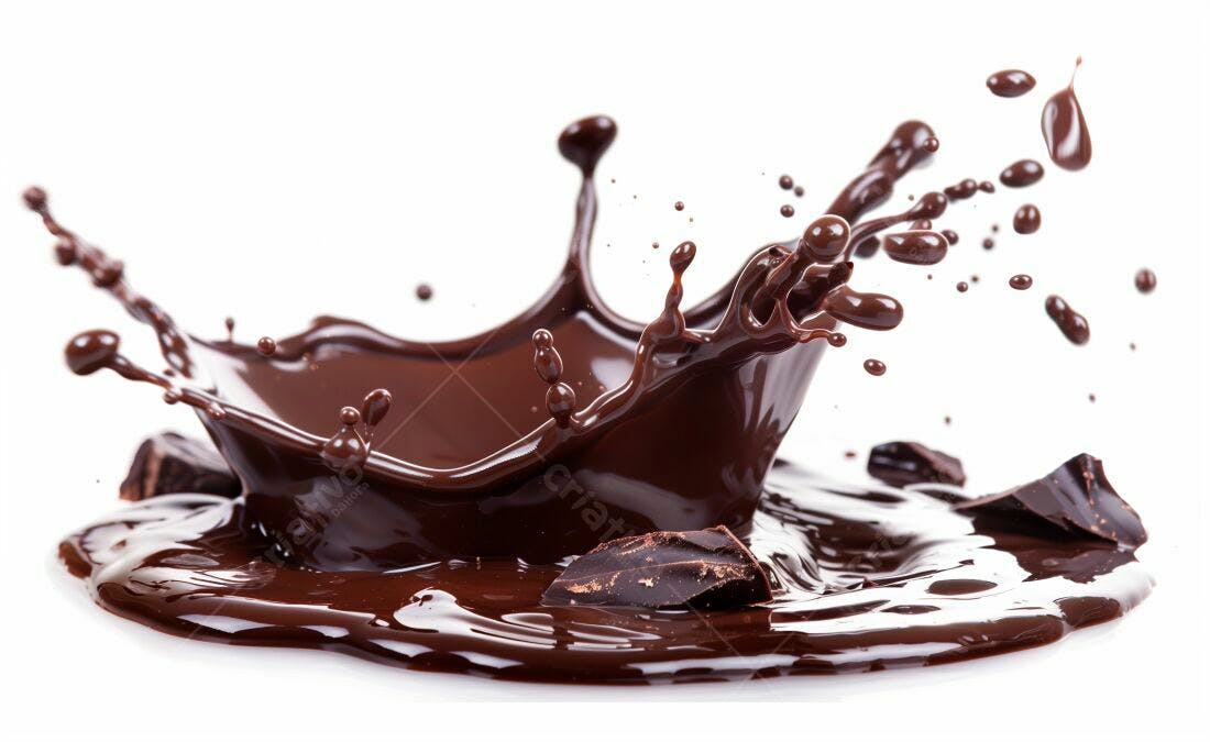 Chocolate derretendo em splash fundo branco