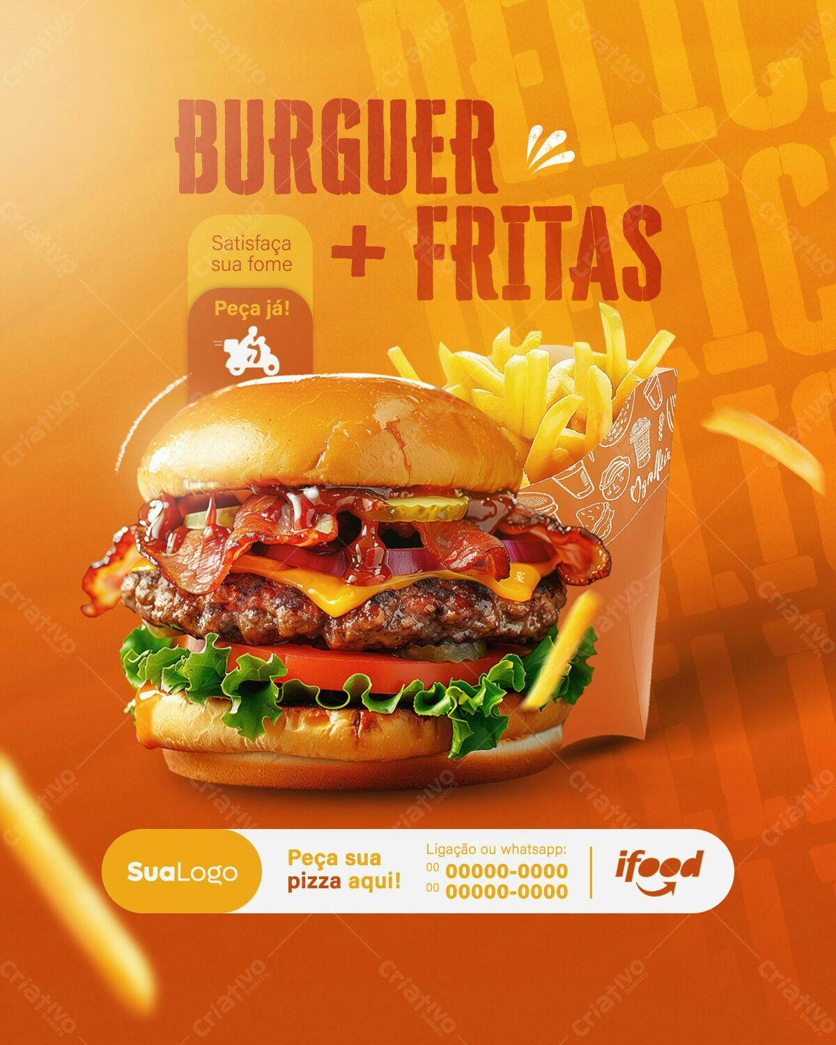 Flyer para Lanchonete com Hambúrguer e Batata PSD Editável
