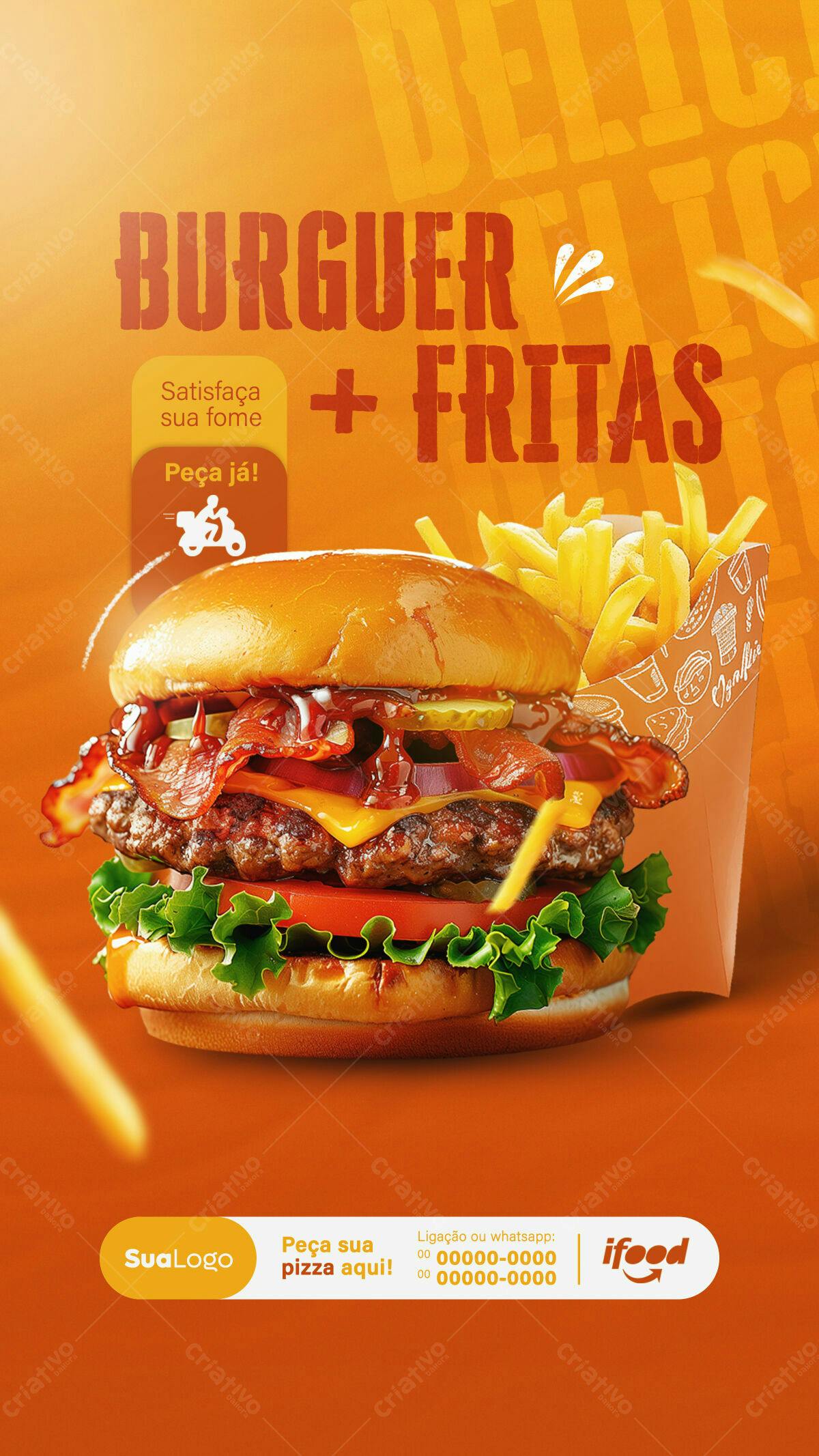 Flyer para Lanche com Hambúrguer e Batata Frita PSD Editável