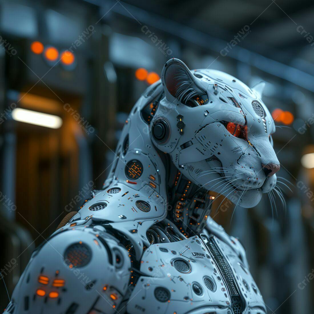 Robô felino branco em ambiente industrial