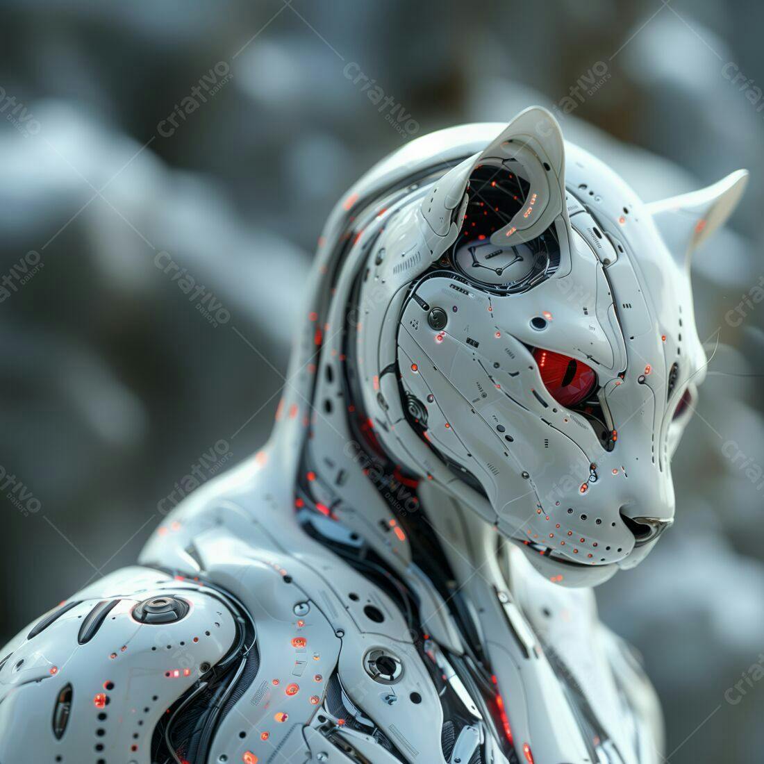 Robô com cabeça de gato branco e vermelho futurista