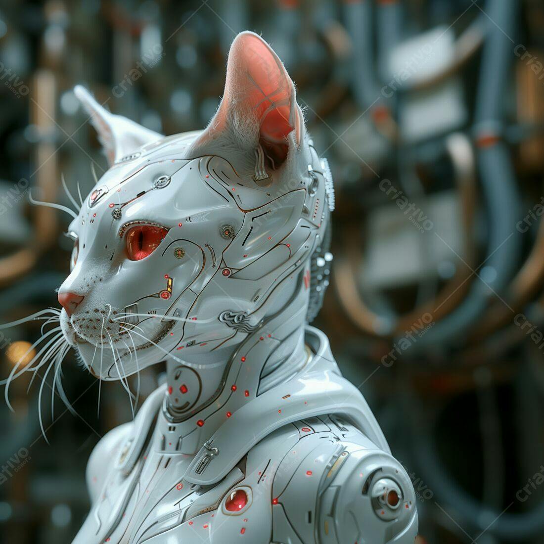 Gato robô branco com detalhes vermelhos