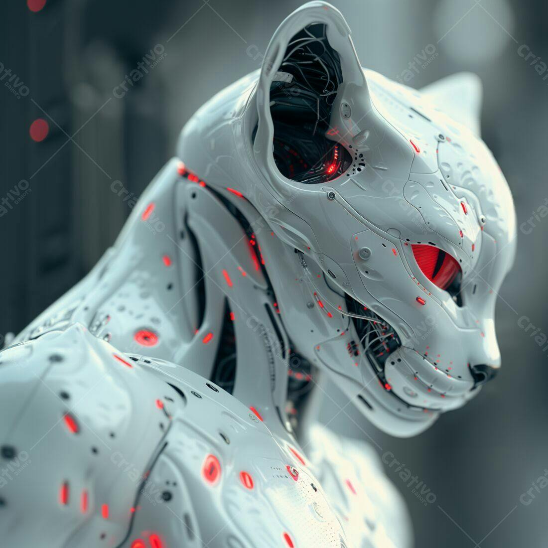 Robô Gato Branco com Detalhes Vermelhos