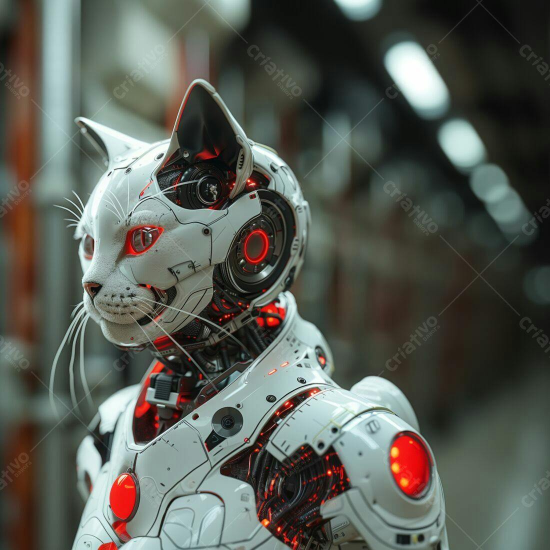 Robô Gato Branco com Luzes Vermelhas