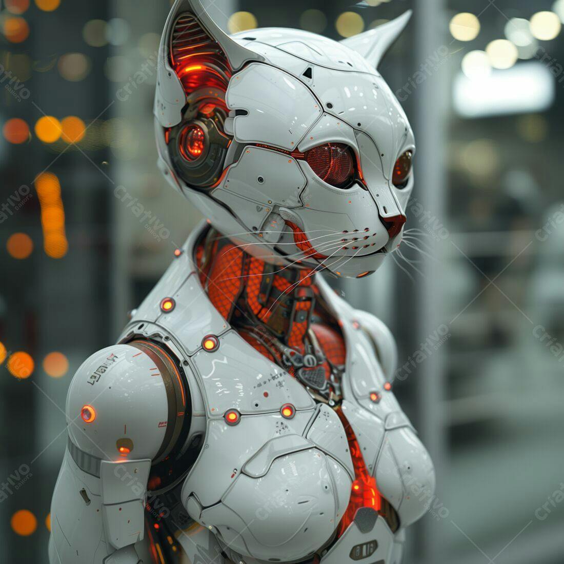 Robô Gato Branco e Vermelho futurista