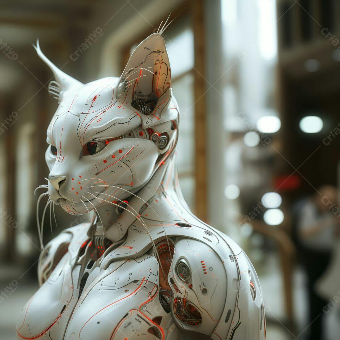 Robô Gato branco e laranja futurista