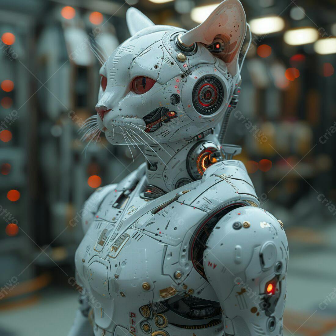 Robô Gato Branco em Cenário Industrial