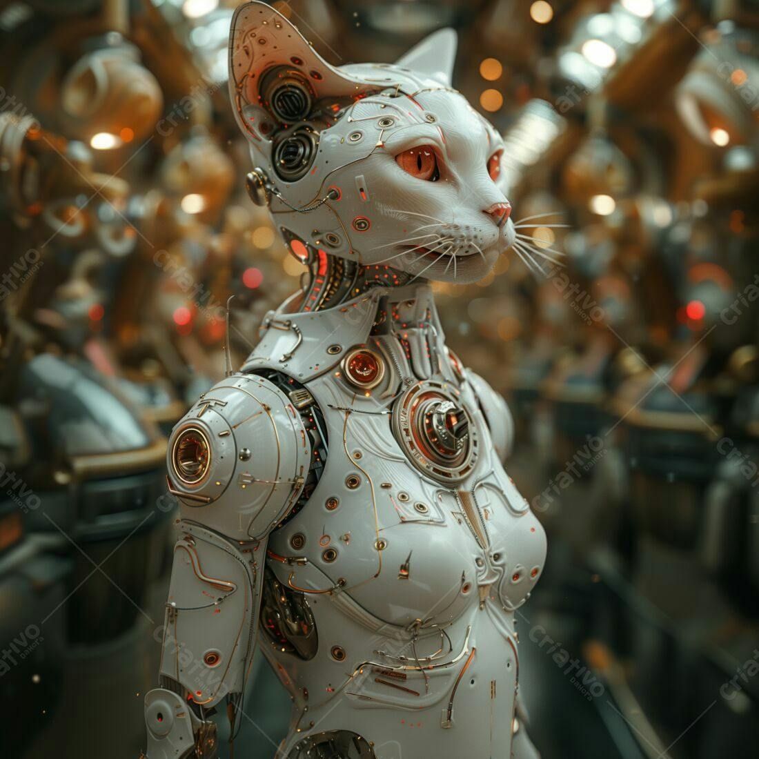 Robô com cabeça de gato branco em cenário futurista