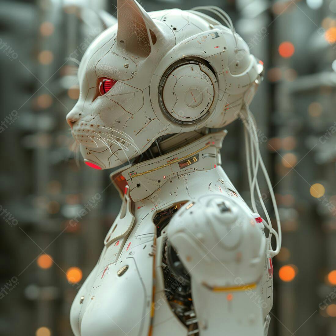 Robô Gato Branco futurista em cenário industrial