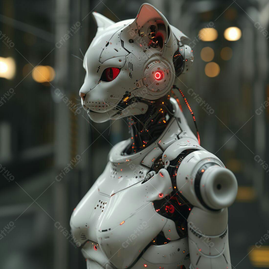 Robô Gato Branco com Detalhes Vermelhos
