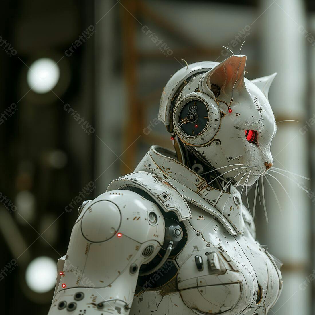 Robô gato branco futurista armadura metálica