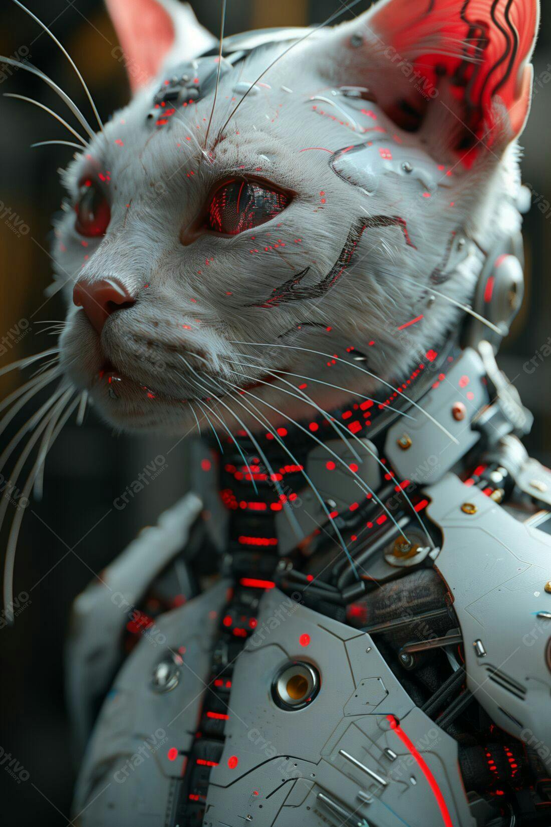 Gato robótico branco com olhos vermelhos