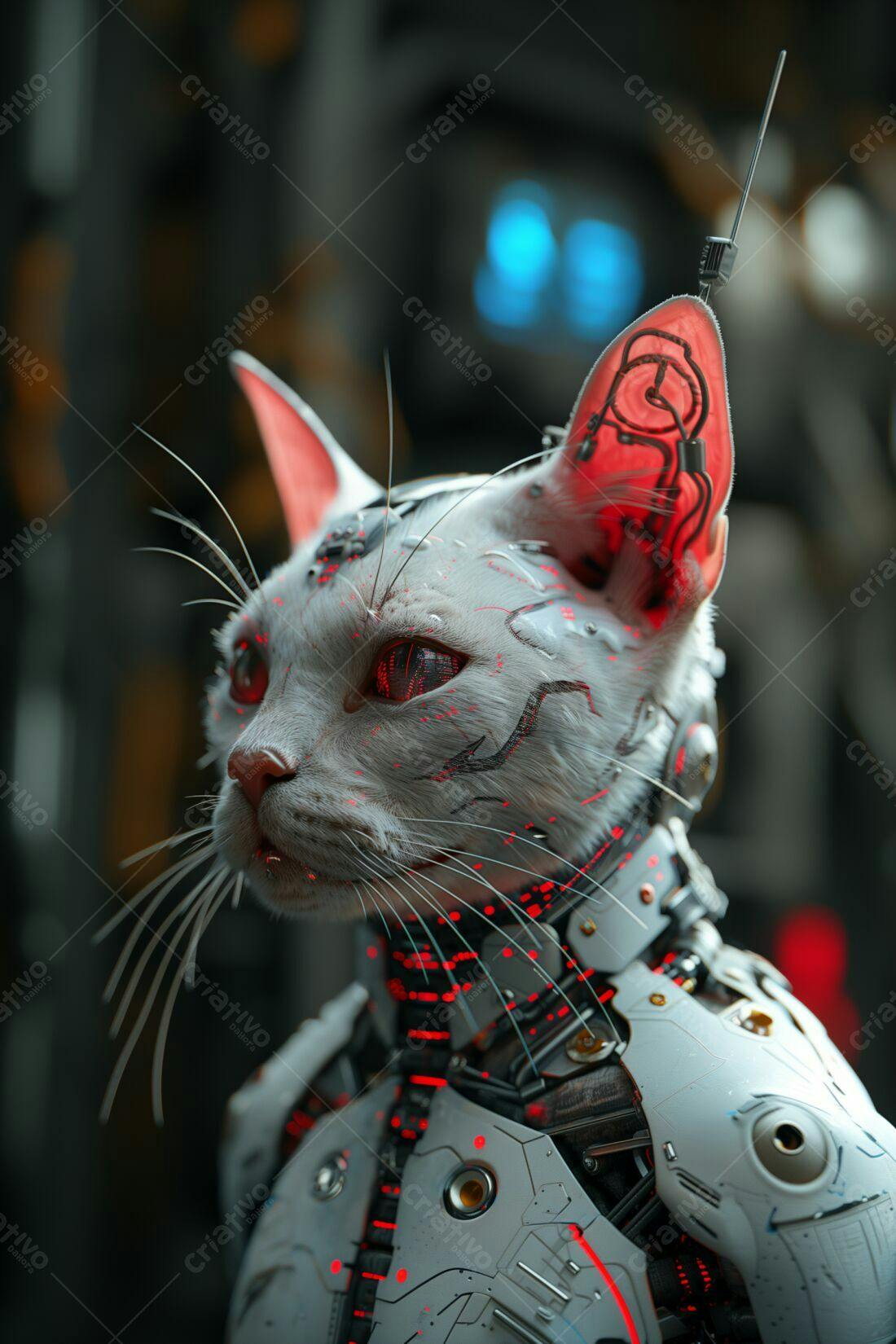 Gato robótico branco e vermelho futurista