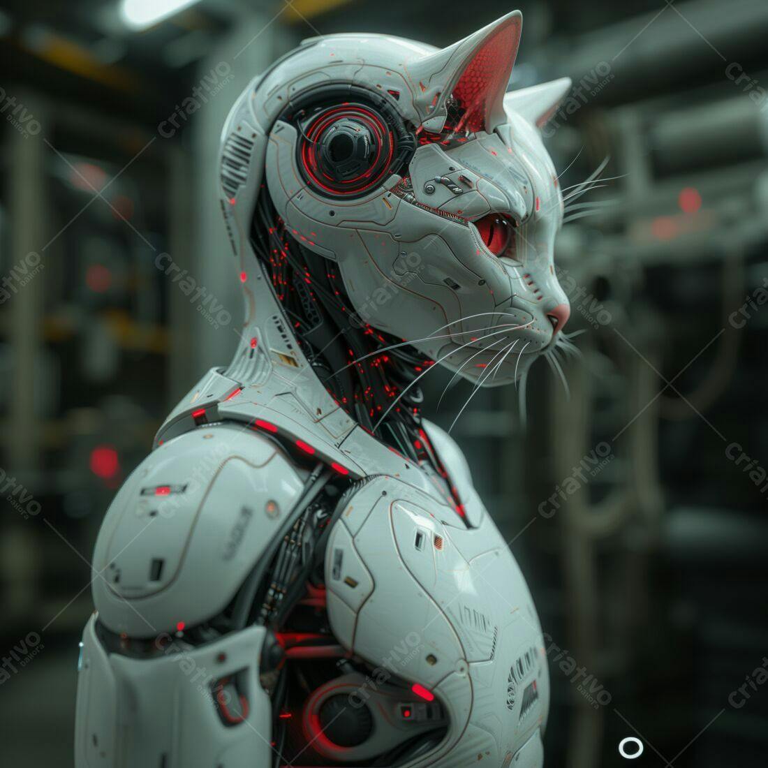 Robô Gato Branco com detalhes vermelhos